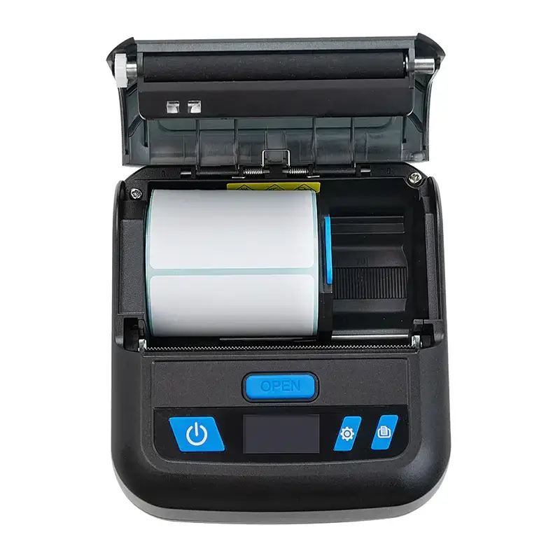 Xprinter XP-P328B Mobile Thermal Receipt and Label Printer Front Open with Labels
